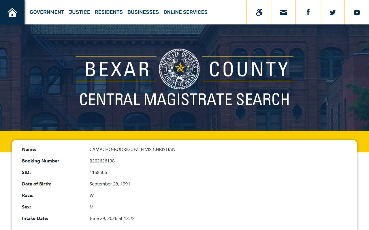 Bexar County Central Magistrate sample detail record with charge accordions