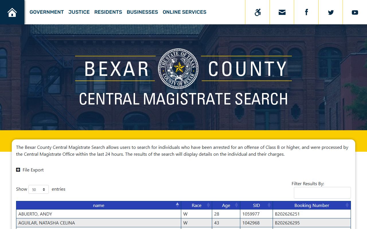 Bexar County Central Magistrate recent arrest search table