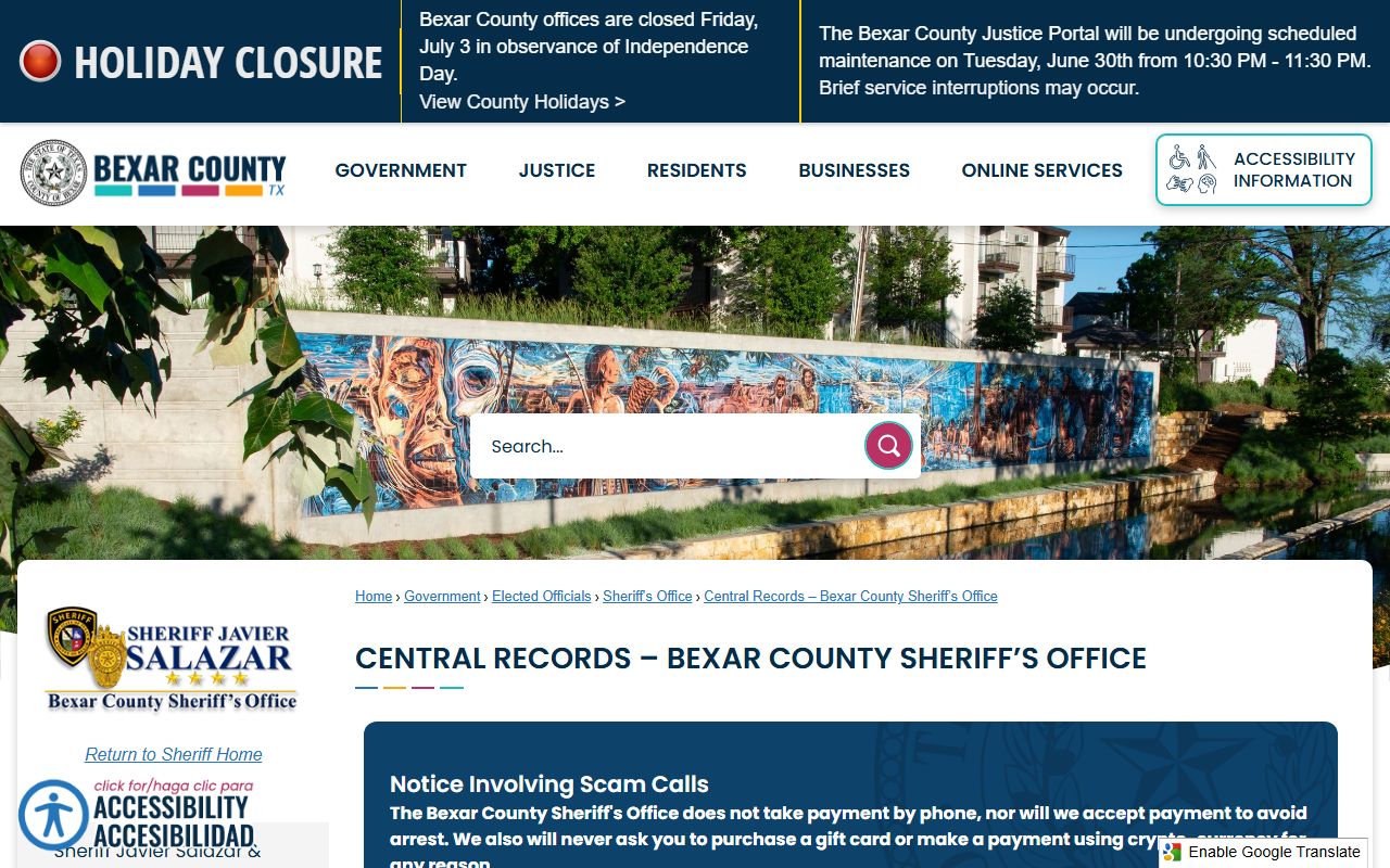 Bexar County Sheriff's Office Central Records page